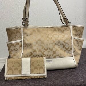 Set of‎ 2 Coach Signature Canvas and White Leather Shoulder Bag and Long Wallet